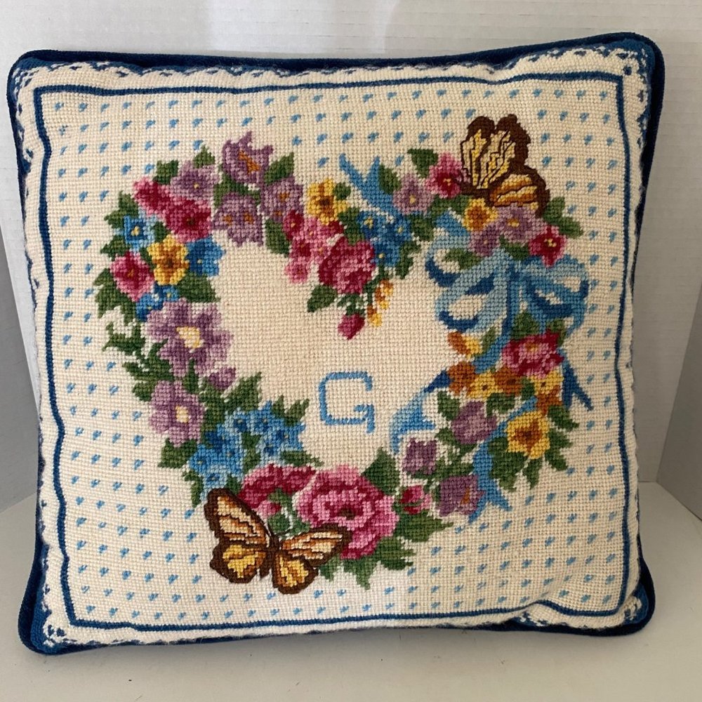 Needlepoint floral heart wreath pillow butterflies garden blue velvet 14.5" squa